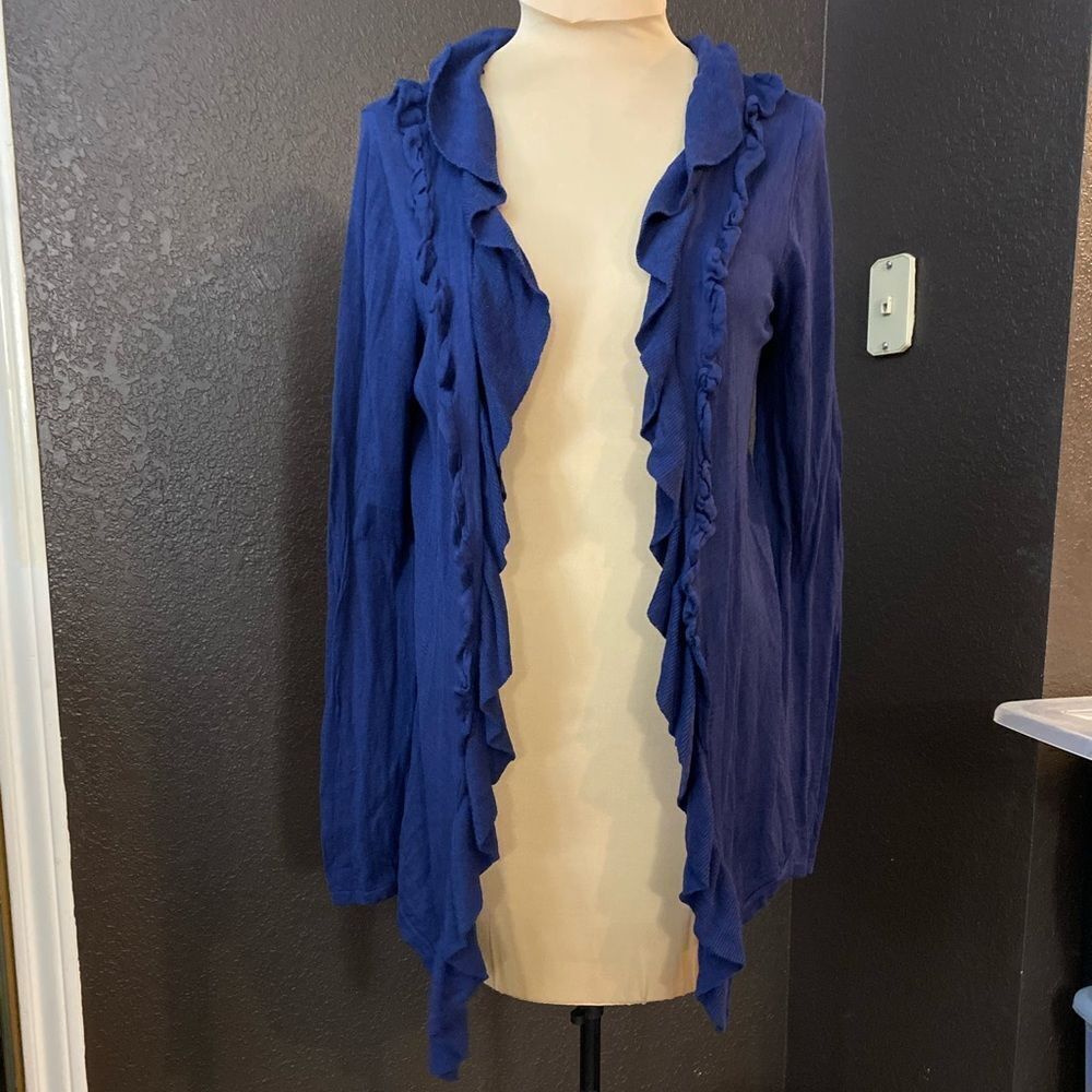 Ann Taylor navy academia ruffle shawl collar open front fine knit silk cardigan - Picture 2 of 7